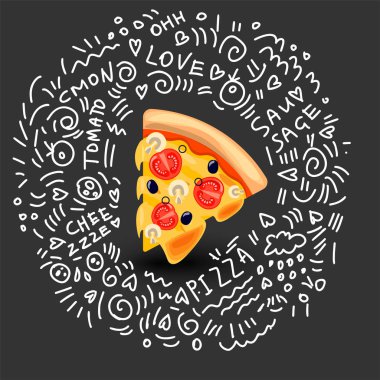 Vektör simgesi Pizza Margarita, klasik İtalyan yemeği. Sıcak dilim Pizza Margarita eritilmiş peynir, domates, mantar ve zeytin. Dilim pizza doodle dekor ile renkli izole çizimi