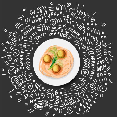Makarna plaka simge tasarlamak vektör. Yeşil ve beyaz tabak içinde köfte ile İtalyan Makarna ile. Tabak spagetti ve köfte, doodle süslemeli siyah arka plan üzerine çizgi film