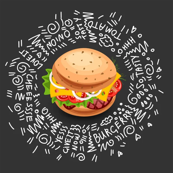 Vector Fast food Burger Icon, isolado sobre fundo preto. Junk Food Burger com queijo, carne, verduras. Delishious Burger Illustration (em inglês). Ícone de hambúrguer de comida de rua americano fresco com decoração de doodle —  Vetores de Stock