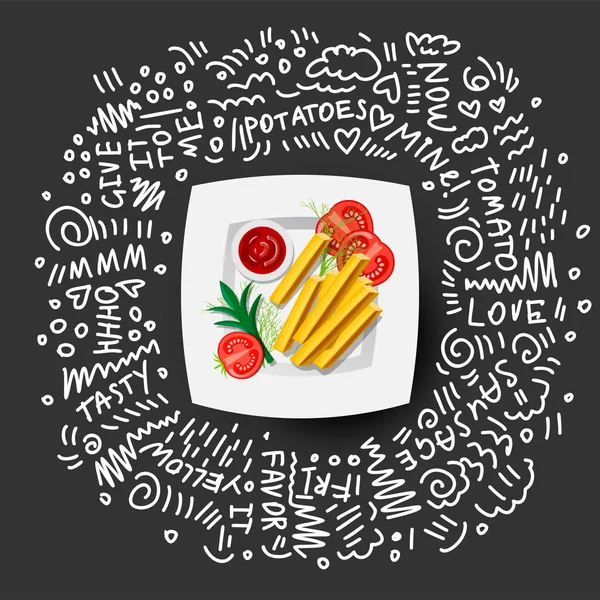 Icono de papas fritas en plato blanco con tomates, verduras. Papas fritas Vector Ilustración, dibujo animado Icono de papas fritas francesas y salsa, tomates en plato con decoración de garabatos sobre fondo negro — Vector de stock