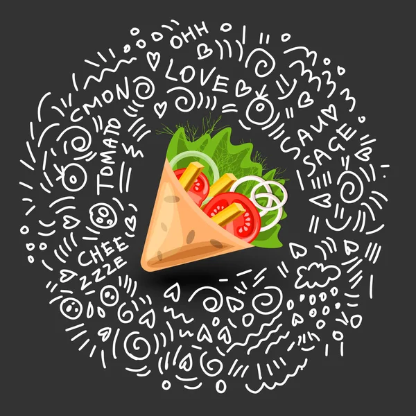 Tortilla wrap vector cartoon illustration (em inglês). Burritos mexicanos com batatas fritas e legumes Ícone. Mexicanos Envolvidos tortilla e burrito com legumes isolados em preto com decoração doodle ao redor — Vetor de Stock