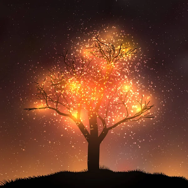 Illustration d'arbre magique. Silhouette d'arbre sur la colline avec des étoiles brillantes - folliage de couleur magique — Image vectorielle