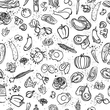 Ketogenic gıda vektör seamless modeli, kroki. Sağlıklı keto gıda - yağ, protein ve karbonhidrat sonsuz vektör desen. Düşük karbonhidrat keto diyet gıda nesnelerle sorunsuz arka plan. Keto seamless modeli