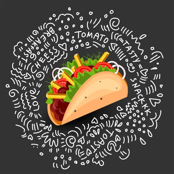 옥수수 부리 랩 벡터 만화 그림입니다. 감자 튀김와 야채 아이콘 멕시코 부리입니다. 멕시코 랩 버 리 토, 감싸 옥수수와 야채와 함께 블랙에 고립 된 버 리 토 — 스톡 벡터