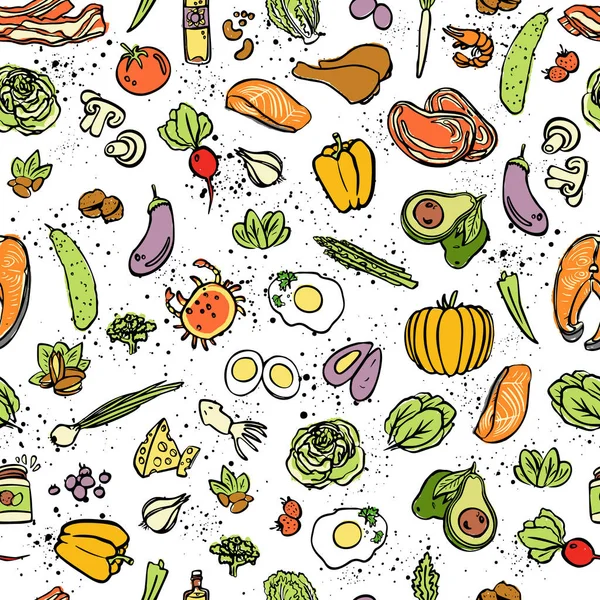 Ketogenic food vector seamless pattern, sketch. Healthy keto food - fats, proteins and carbs on endless vector pattern. Seamless Background with Low carbs keto diet food objects. Keto seamless pattern — Stock Vector