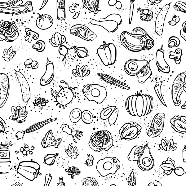 Ketogenic gıda vektör seamless modeli, kroki. Sağlıklı keto gıda - yağ, protein ve karbonhidrat sonsuz vektör desen. Düşük karbonhidrat keto diyet gıda nesnelerle sorunsuz arka plan. Keto seamless modeli