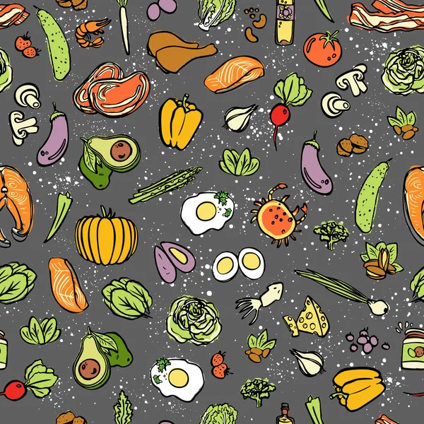 Ketogenní potraviny vektor bezešvé pattern, skica. Zdravé keto potravin - tuky, proteiny a sacharidy na nekonečné vektorové vzorové. Bezešvé pozadí s nízkým sacharidů keto dieta potraviny objekty. Keto bezešvé vzor — Stockový vektor