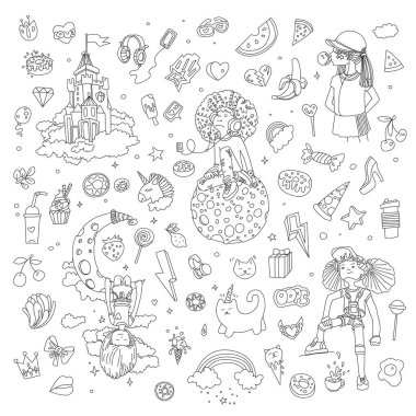 Genç kız çizgi simgelerin ayarlamak, Sevimli çizgi teen nesneleri, eğlenceli tasarlamak vektör genç kızlar kavramı içinde satır. Gençler için Ayarla simgesini doodle. Satır el çekilmiş pizza, tek boynuzlu at, tatlılar