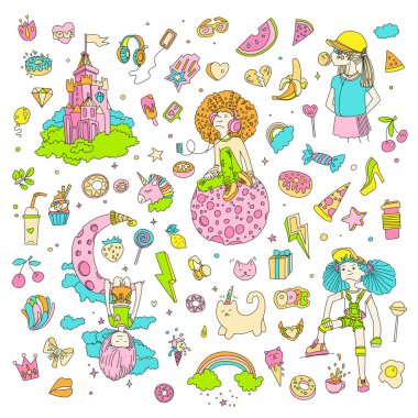 Set renkli çıkartmalar genç kız simgeleri, Sevimli çizgi teen nesneleri, eğlenceli, yamalar tasarım vektör genç kızlar kavram. Gençler için Ayarla simgesini doodle. Renkli el çekilmiş pizza, tek boynuzlu at, tatlılar.