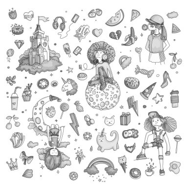 Genç kız simgeler, Sevimli çizgi teen nesneleri, set renkli çıkartmalar tasarlamak vektör genç kızlar kavram eğlenceli. Gençler için Ayarla simgesini doodle. Renkli el çekilmiş pizza, tek boynuzlu at, tatlılar.