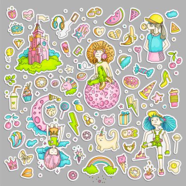 Genç kız çıkartmalar, Sevimli çizgi teen yamalar, dizi renkli çıkartmalar tasarlamak vektör genç kızlar kavram eğlenceli. Gençler için Ayarla simgesini doodle. Renkli el çekilmiş pizza, tek boynuzlu at, tatlılar