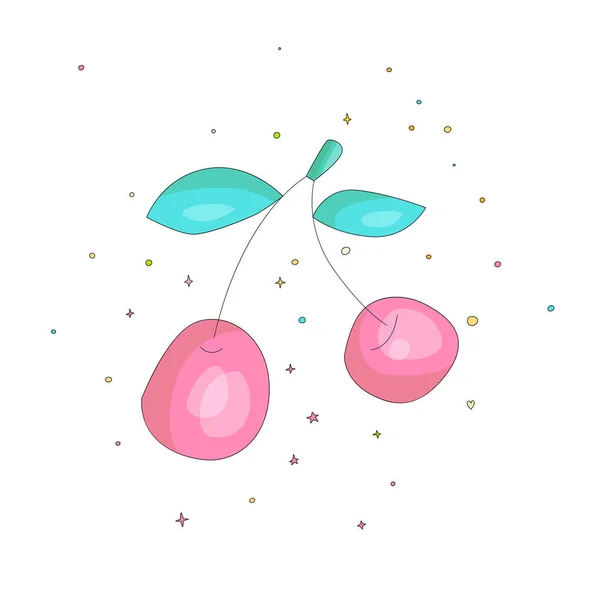 Χαριτωμένο διασκέδαση κινούμενα σχέδια κεράσι με φύλλα εικονογράφηση. Δύο κερασάκια εικονίδιο που απομονώνονται σε λευκό φόντο με διακοσμητικά στοιχεία. Νόστιμο αστείο καρτούν ροζ κεράσι εικονίδιο — Διανυσματικό Αρχείο