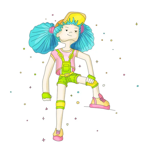 Mladá dívka s modrými vlasy baseballovou čepici a kombinézy, ručně kreslené vektorové kreslení obrázku. Dospívající dívka v jasných barvách, rebel girl ilustrace. Mladí pozitivní rebel girl. Pozitivní dívka — Stockový vektor
