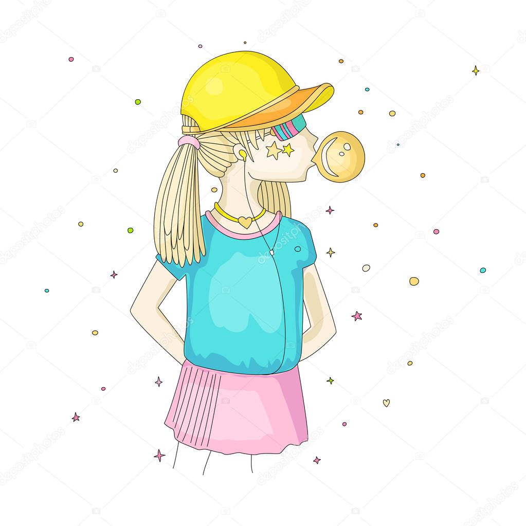 Young teen girl in a baseball cap with headphones blowing bubblegum. Little girl vector cartoon hand draw illustration. Teenage girl in bright colors, rebel girl illustration. Pre teen rebel grl