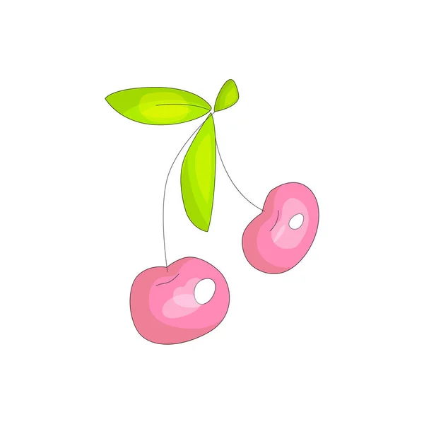 Cereja de desenho animado divertido bonito com folhas ilustração. Ícone de duas cerejas isolado no fundo branco com elementos decorativos. Saboroso engraçado desenho animado ícone de cereja rosa — Vetor de Stock