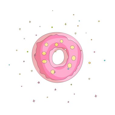 Renkli dekorasyon ile tatlı pembe çörek çizgi film simgesi. Lezzetli donut deliği olan karikatür vektör simgesi. Beyaz arka plan üzerinde dekorasyonu ile tatlı pembe yuvarlak donute.
