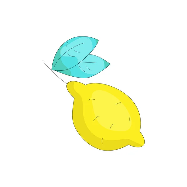 Icono de limón amarillo con hojas azules. Vector amarillo divertido limón con hoja decorativa. Cítricos agrios, dibuja el icono de limón amarillo. Diversión fresco dibujar limón vector . — Archivo Imágenes Vectoriales