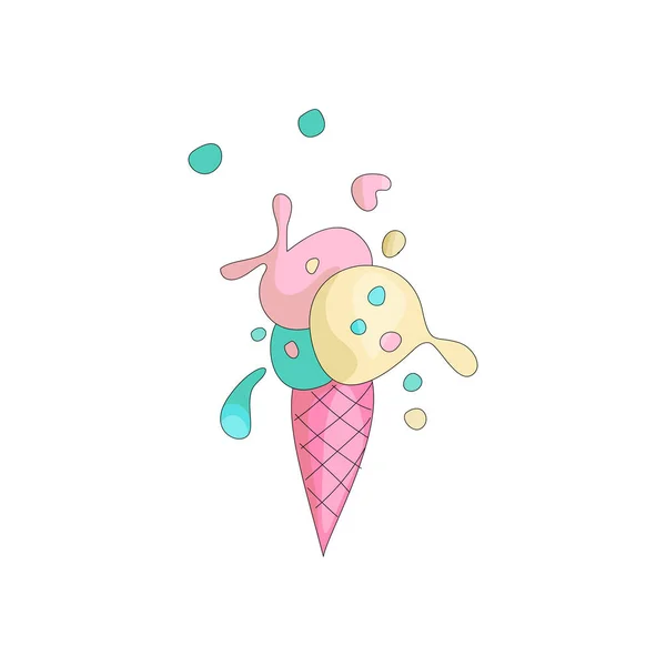Χαριτωμένο γλυκό χρωματιστό παγωτό με βάφλα ροζ κινουμένων σχεδίων. Επιδόρπιο παγωτό γλυκό καλοκαιριού. Χρωματιστά παγωτό εικονίδιο με χρωματιστό σπρέι. Κατεψυγμένο πάγος αστεία creame. — Διανυσματικό Αρχείο