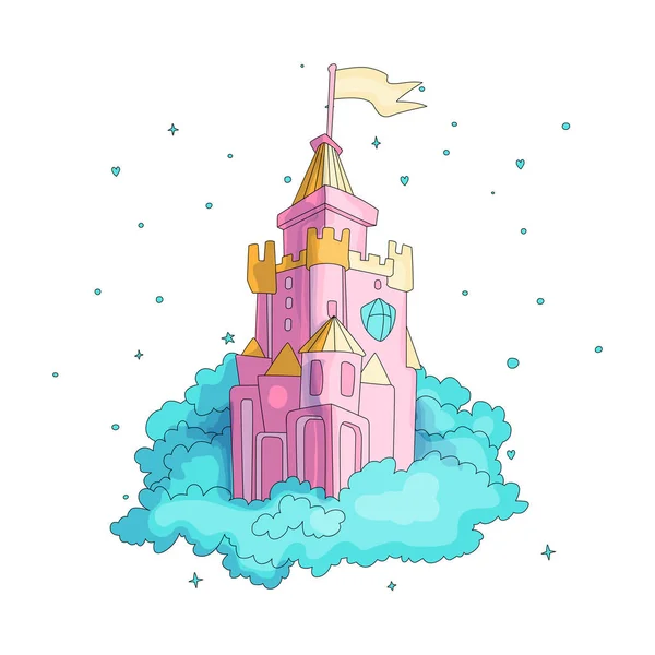 Cartoon medieval divertido castelo rosa com bandeira em nuvens azuis. Magia castelo dos desenhos animados para a princesa do ícone do conto de fadas. Castelo de desenhos animados rosa engraçado com fundo de decoração . — Vetor de Stock