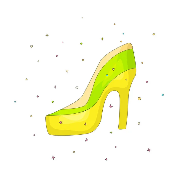 Colored cartoon high-heel shoes with decoration. Green and yellow shoe heel cute vector icon. Single high heel slipper for girl isolated on white background. — Stock Vector