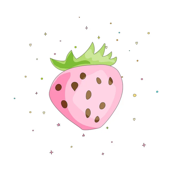 Cute fun pink strawberry with green leaves on white background. Cartoon pink strawberry icon with colored decoration. Tasty berry isolated on white background with decoration elements. — Stock Vector