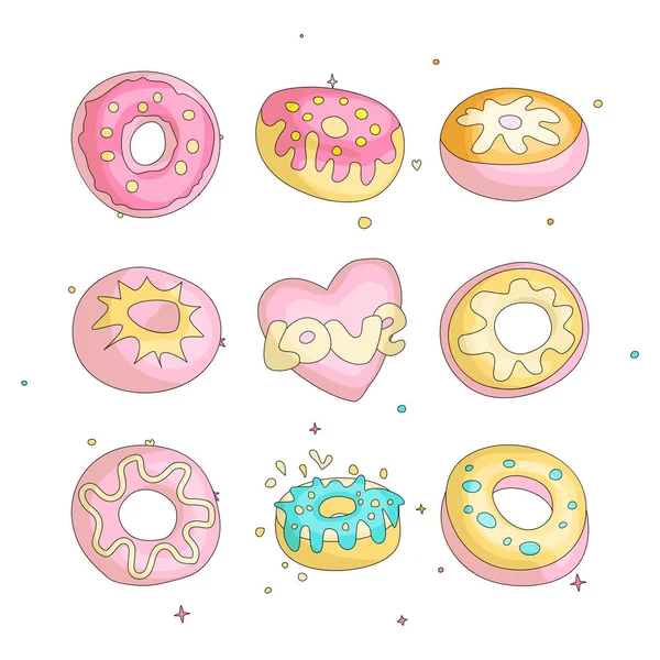 귀여운 재미 있는 여자 십 색된 아이콘 도넛, 패션 귀여운 십 대 및 공주 아이콘을 설정합니다. 마법의 재미 귀여운 여자 도넛과 심장 손으로 그리는 청소년 아이콘 모음. — 스톡 벡터