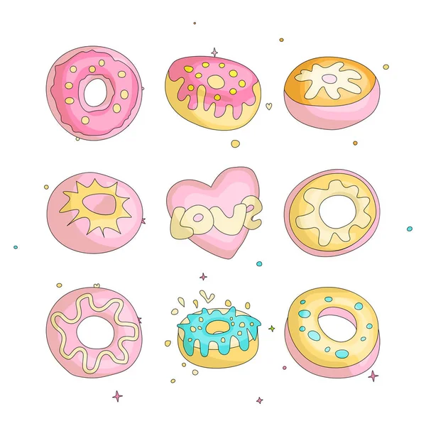 Leuke pictogrammenset grappige meisje tiener gekleurde donuts, mode leuke tiener en prinses pictogrammen. Magic leuk leuke meisjes donuts en hart hand tekenen tieners icoon collectie. — Stockvector