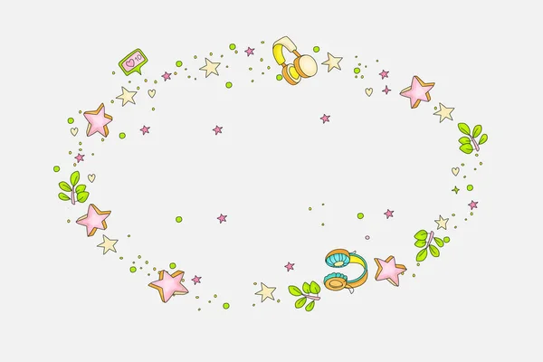 Divertido doodle elemento redondo decorativo con estrellas, corazones, auriculares, rama, hojas, gustos. Decoración de colores de dibujos animados para banner, letras, ilustración, lindo juego . — Vector de stock