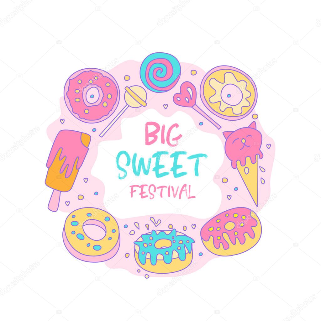 Cute funny Girl teenager colored sweet icon sticker, fashion cute teen and princess icons. Magic fun cute girls objects - ice cream, donuts, and lollipops hand draw teens icon on pink round form.