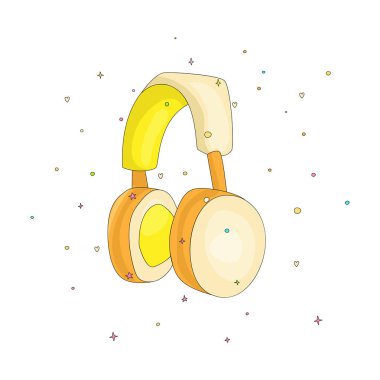 Komik karikatür sarı müzik dinlemek için kulaklık. Sevimli kulaklık vektör çizim dekorasyon elemanları ile. Oyuncu sevimli simgesi sarı kulaklık.