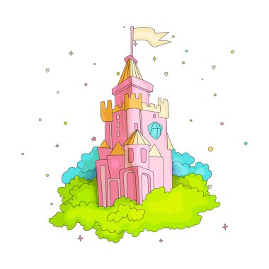 Çizgi film Ortaçağ eğlenceli pembe kale bayrak ve çim ile. Sihirli karikatür castle Prenses Peri masalı simgesi için. Pembe komik karikatür kale dekorasyon arka plan ile.