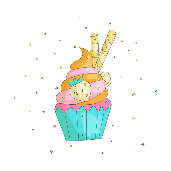 Süßen Spaß Cartoon Cupcake mit farbigem Zuckerguss und Erdbeere. Cartoon-Cupcake-Symbol mit Dekorationselementen. farbige Cupcake Illustration mit farbigen Creme Symbol Vektor. — Stockvektor
