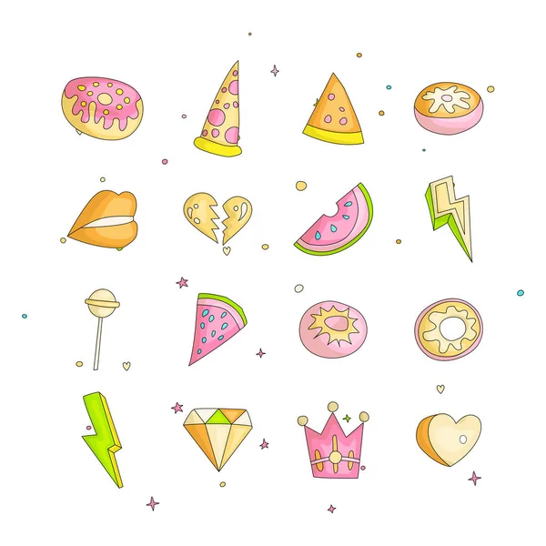 Carino divertente ragazza adolescente set di icone colorate, moda carino adolescente e icone principessa. Magico divertimento carino ragazze oggetti pizza, ciambella, labbra, cuore, corona, diamante e altri mano disegnare collezione di icone adolescenti . — Vettoriale Stock