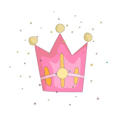 Sevimli pembe taç mücevher çizgi film simgesi ile. Arka plan dekorasyon öğelerinde ile eğlenceli çizgi film taç. Prenses ve beyaz arka plan üzerinde queens için pembe diadem.