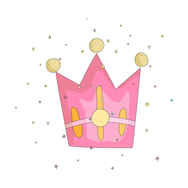 Schattig roze kroon met pareltjes cartoon pictogram. Leuke cartoon kroon met decoratie elementen op de achtergrond. Roze diadeem voor prinses en koninginnen op witte achtergrond. — Stockvector