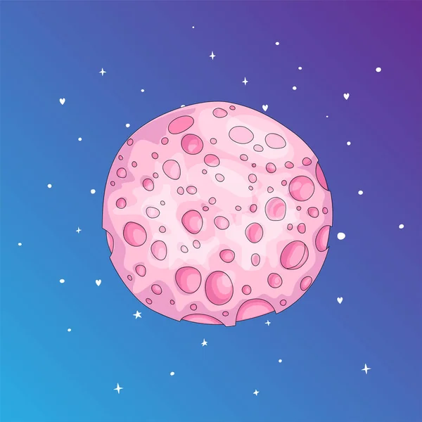 Leuke cartoon roze spons maan pictogram. Roze magische volle maan met decoratie elementen op blauwe achtergrond. Magische roze volle maan in dromen vector pictogram. — Stockvector