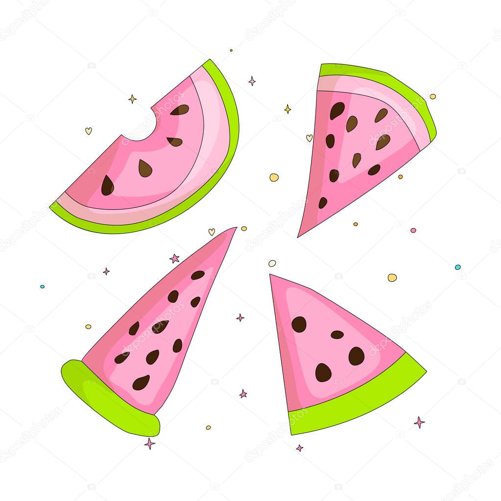 Sweet a slice of watermelon set with green skin on white background cartoon icon. Fun set cartoon a piece of watermelon icon. Fresh sweet set of watermelons cartoon icon.