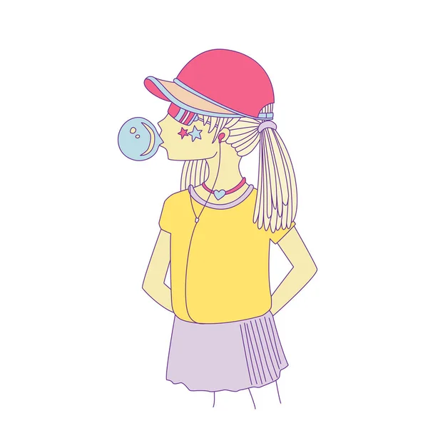 Jovem adolescente em um boné de beisebol com fones de ouvido soprando bubblegum. Menina vetor desenho animado mão desenho ilustração. Menina adolescente em cores brilhantes, ilustração menina rebelde. Pré adolescente rebelde grl —  Vetores de Stock