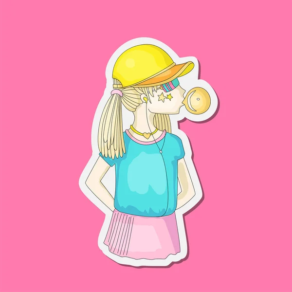 Young teen girl in a baseball cap with headphones blowing bubblegum. Little girl vector cartoon hand draw illustration. Teenage girl in bright colors, rebel girl illustration on pink. Pre teen rebel — Stock Vector