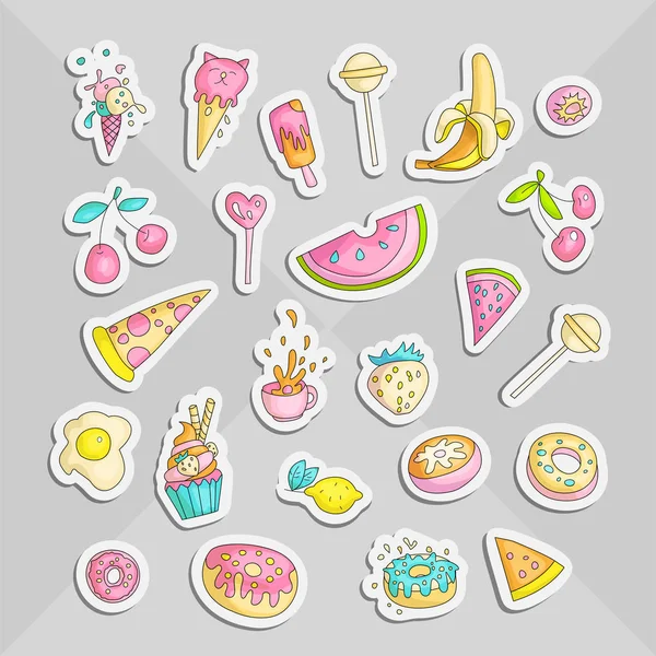 Carino divertente ragazza adolescente adesivi colorati set, moda carino adolescente e icone principessa. Magico divertimento carino ragazze oggetti - cupcake, dolci, uova, banana, ciliegia, tazza e altri disegnare patch icona adolescenti — Vettoriale Stock