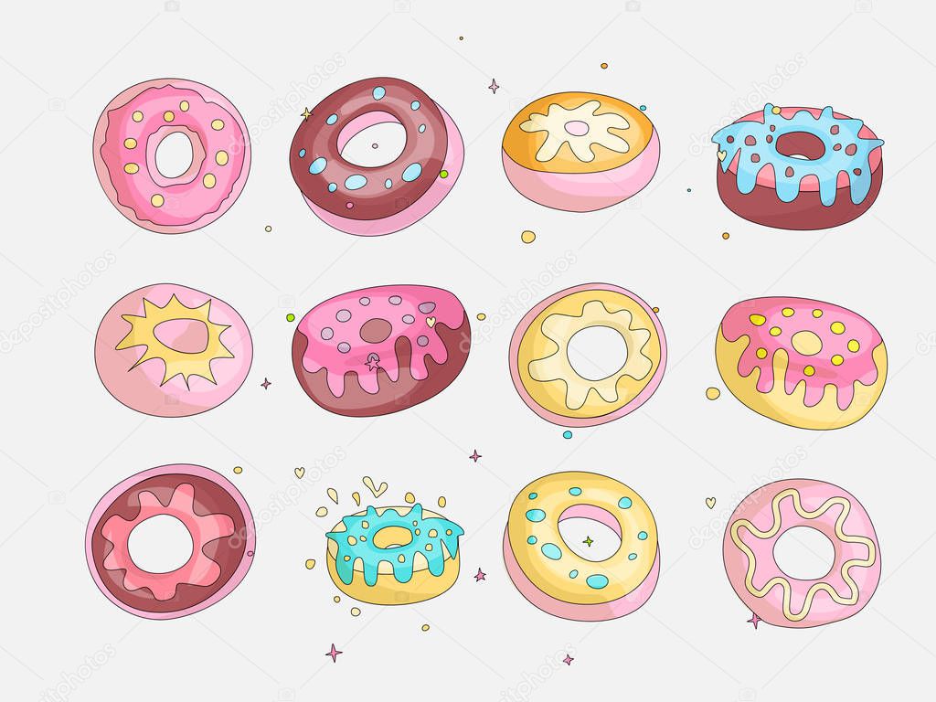 Cute funny Girl teenager colored icon set donuts, fashion cute teen and princess icons. Magic fun cute girls donuts hand draw teens icon collection.