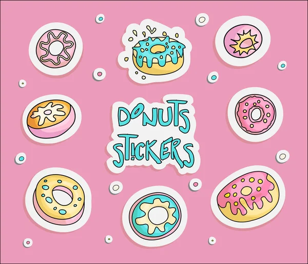 Cute funny Girl teenager colored stickers set donuts, fashion cute teen and princess patch icons. Magic fun cute girls donuts hand draw teens icon collection on pink background. — Stock Vector