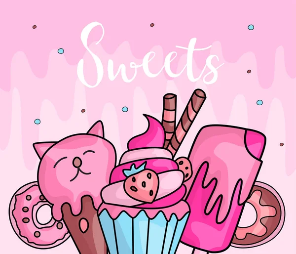 Linda chica divertida adolescente icono de color conjunto de dulces, moda linda adolescente y princesa iconos. magia divertido lindo niñas cupcake, donuts y helado mano dibujar adolescentes icono colección con decoración rosa . — Vector de stock