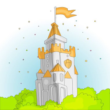 Turuncu bayrak ve yeşil çim ile karikatür Ortaçağ eğlenceli pembe Kalesi. Sihirli karikatür castle Prenses Peri masalı simgesi için. Pembe komik karikatür kale izole dekorasyon arka plan ile.