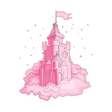 Çizgi film Ortaçağ eğlenceli pembe kale bayrak ve pembe çim ile. Sihirli karikatür castle Prenses Peri masalı simgesi için. Pembe komik karikatür kale dekorasyon arka plan ile.