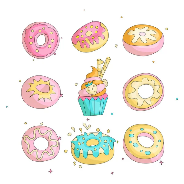 Niedliche lustige Mädchen Teenager farbige Symbole Set Donuts, Mode niedlichen Teenager und Prinzessin Symbole. Magie Spaß niedlichen Mädchen Donuts und Cupcake Hand zeichnen Teens Icon Collection. — Stockvektor