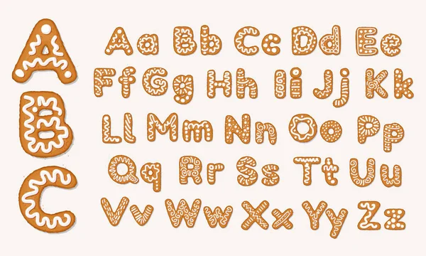 Christmas or New Year gingerbread cookies alphabet, capital letters and lower case alphabet. Set of isolated alphabet covered icing-sugar and syrup. Full English ABC. Vector cartoon illustration — Stock Vector