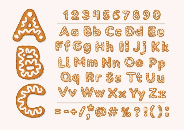 Christmas or New Year gingerbread cookies alphabet with arabic numbers and signs. Set of isolated alphabet, cookie figures, covered icing-sugar on white background. Full English ABC. — Stock Vector