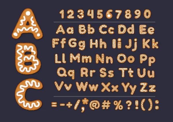 Різдво або новий рік пряники печиво алфавіту з арабськими цифрами та знаки. Набір ізольованих алфавіту, цифри cookie, покриті цукрової пудри на темному тлі. Повний англійський Abc. — стоковий вектор