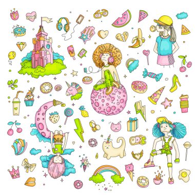 Genç kız simgeler, Sevimli çizgi teen nesneleri, set renkli çıkartmalar tasarlamak vektör genç kızlar kavram eğlenceli. Gençler için Ayarla simgesini doodle. Renkli el çekilmiş pizza, tek boynuzlu at, tatlılar.